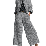 Tweed Print Blend Single-Breasted Cropped Jacket And Wide-Leg Pants Set