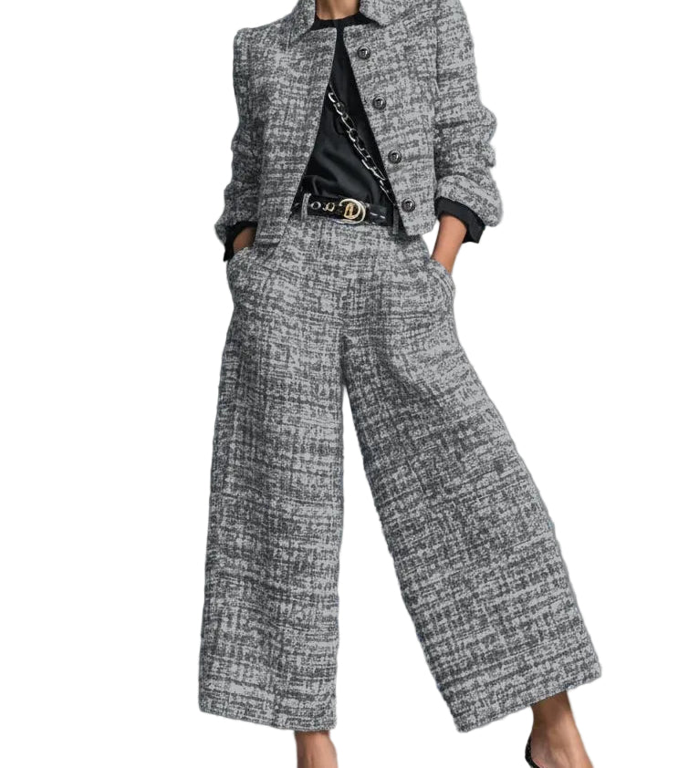 Tweed Print Blend Single-Breasted Cropped Jacket And Wide-Leg Pants Set
