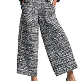 Tweed Print Blend Single-Breasted Cropped Jacket And Wide-Leg Pants Set