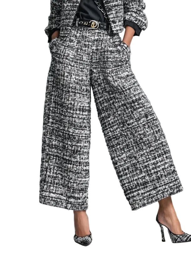 Tweed Print Blend Single-Breasted Cropped Jacket And Wide-Leg Pants Set