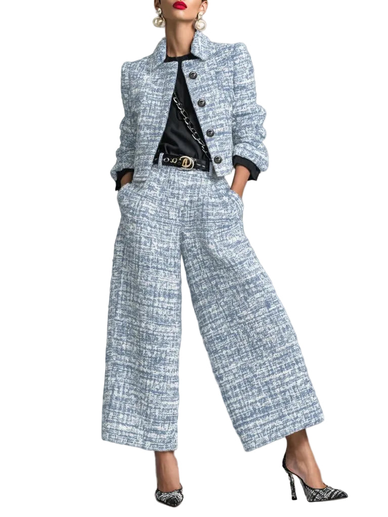 Tweed Print Blend Single-Breasted Cropped Jacket And Wide-Leg Pants Set
