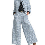 Tweed Print Blend Single-Breasted Cropped Jacket And Wide-Leg Pants Set