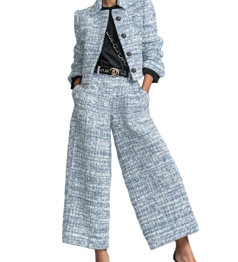 Tweed Print Blend Single-Breasted Cropped Jacket And Wide-Leg Pants Set