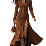 Retro Brown Irregular Ruffle Lapel Long Dress