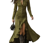 Retro Brown Irregular Ruffle Lapel Long Dress