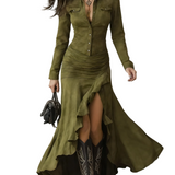 Retro Brown Irregular Ruffle Lapel Long Dress