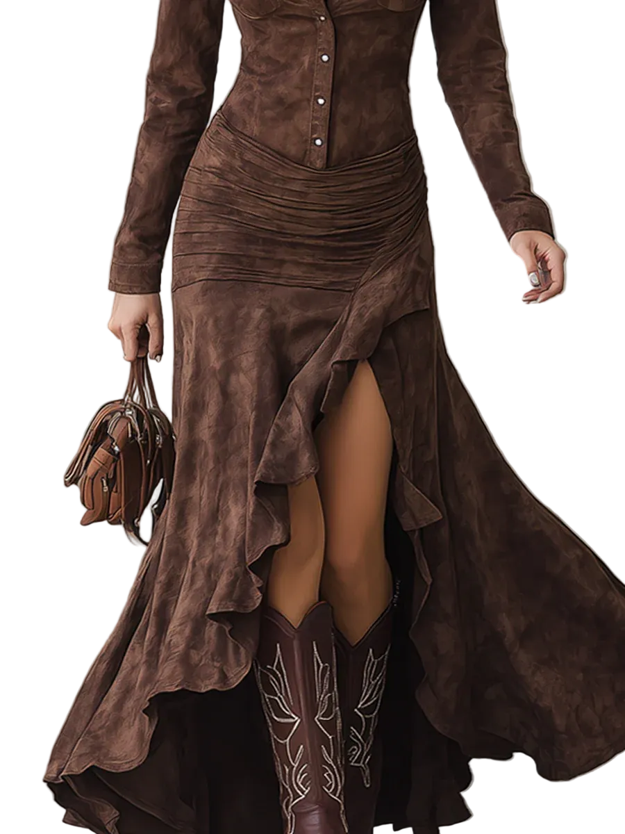 Retro Brown Irregular Ruffle Lapel Long Dress
