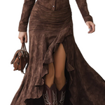 Retro Brown Irregular Ruffle Lapel Long Dress