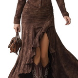 Retro Brown Irregular Ruffle Lapel Long Dress