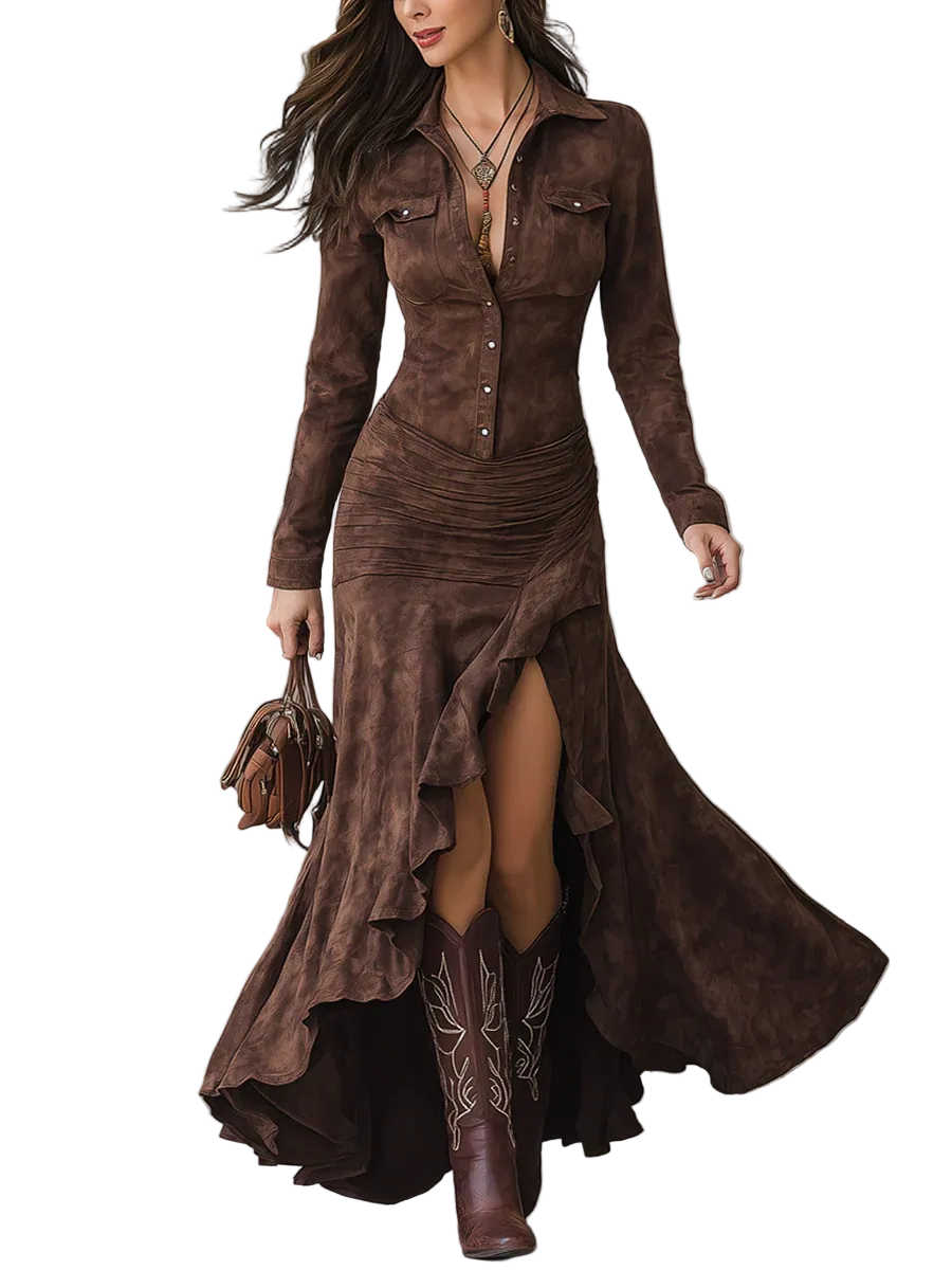 Retro Brown Irregular Ruffle Lapel Long Dress