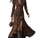 Retro Brown Irregular Ruffle Lapel Long Dress