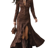Retro Brown Irregular Ruffle Lapel Long Dress