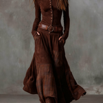 Navy Plaid Paneled Vintage Suede Maxi Dress(with belt)