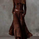 Navy Plaid Paneled Vintage Suede Maxi Dress(with belt)