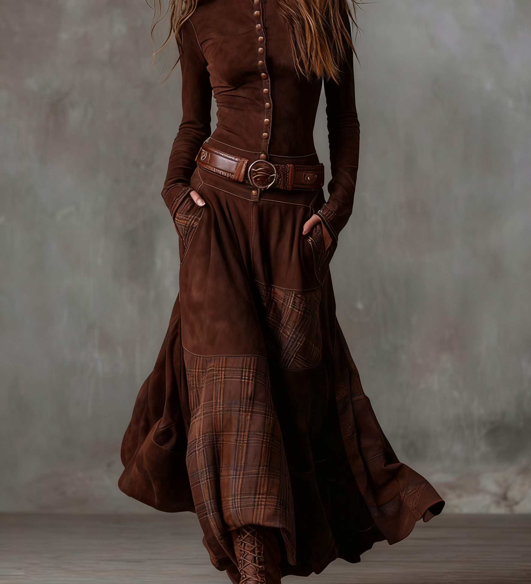 Navy Plaid Paneled Vintage Suede Maxi Dress(with belt)