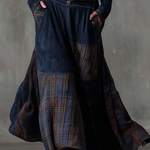 Navy Plaid Paneled Vintage Suede Maxi Dress(with belt)