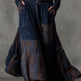 Navy Plaid Paneled Vintage Suede Maxi Dress(with belt)