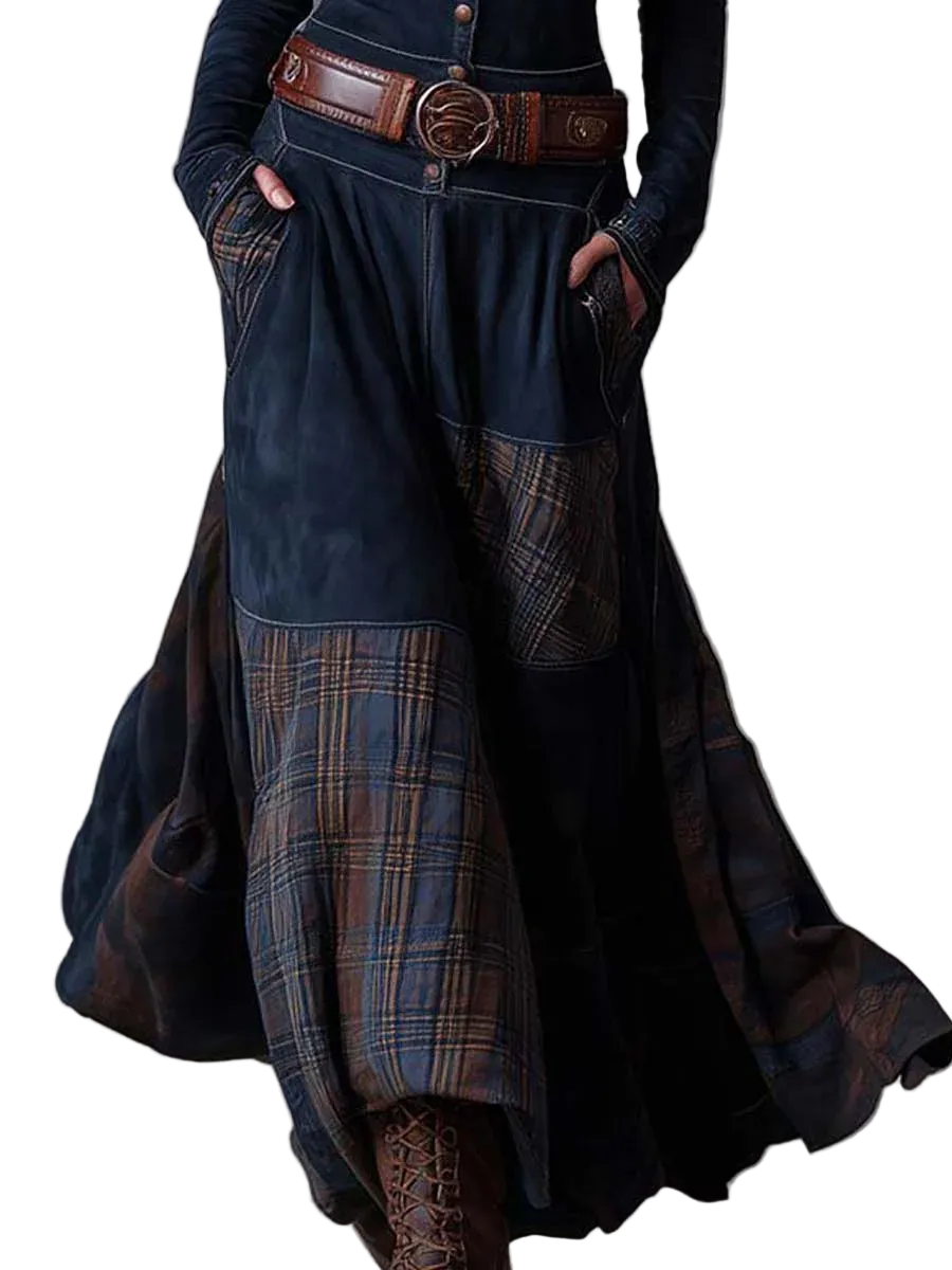 Navy Plaid Paneled Vintage Suede Maxi Dress(with belt)