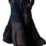 Navy Plaid Paneled Vintage Suede Maxi Dress(with belt)