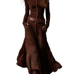 Navy Plaid Paneled Vintage Suede Maxi Dress(with belt)