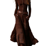 Navy Plaid Paneled Vintage Suede Maxi Dress(with belt)