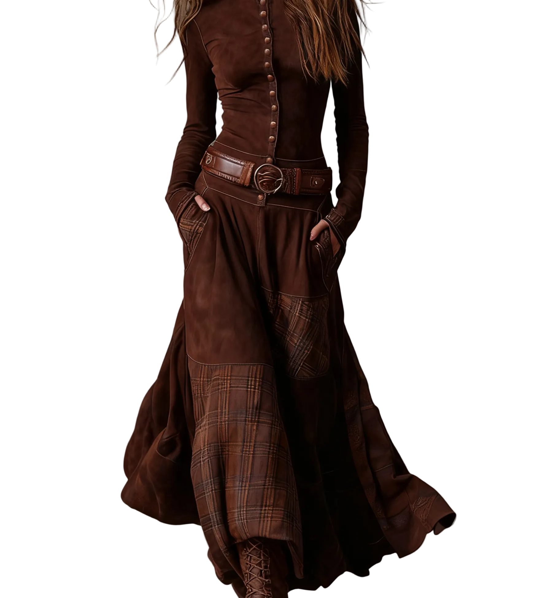 Navy Plaid Paneled Vintage Suede Maxi Dress(with belt)