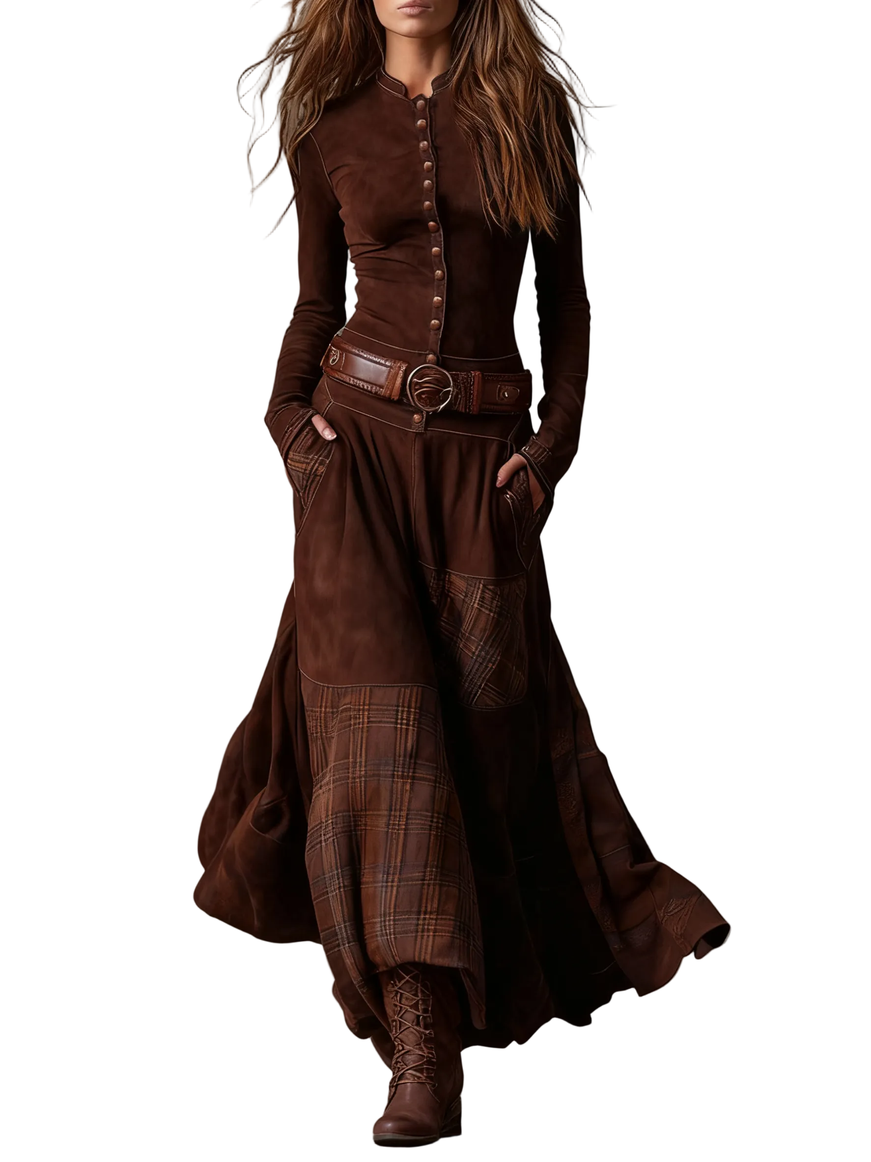 Navy Plaid Paneled Vintage Suede Maxi Dress(with belt)
