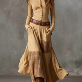 Navy Plaid Paneled Vintage Suede Maxi Dress(with belt)
