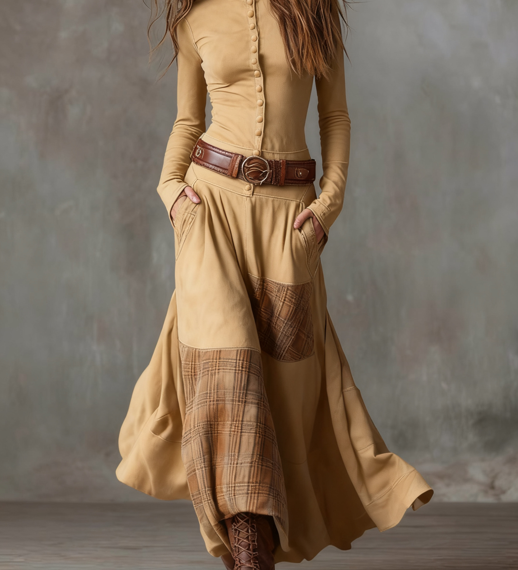 Navy Plaid Paneled Vintage Suede Maxi Dress(with belt)