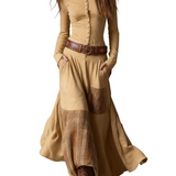 Navy Plaid Paneled Vintage Suede Maxi Dress(with belt)