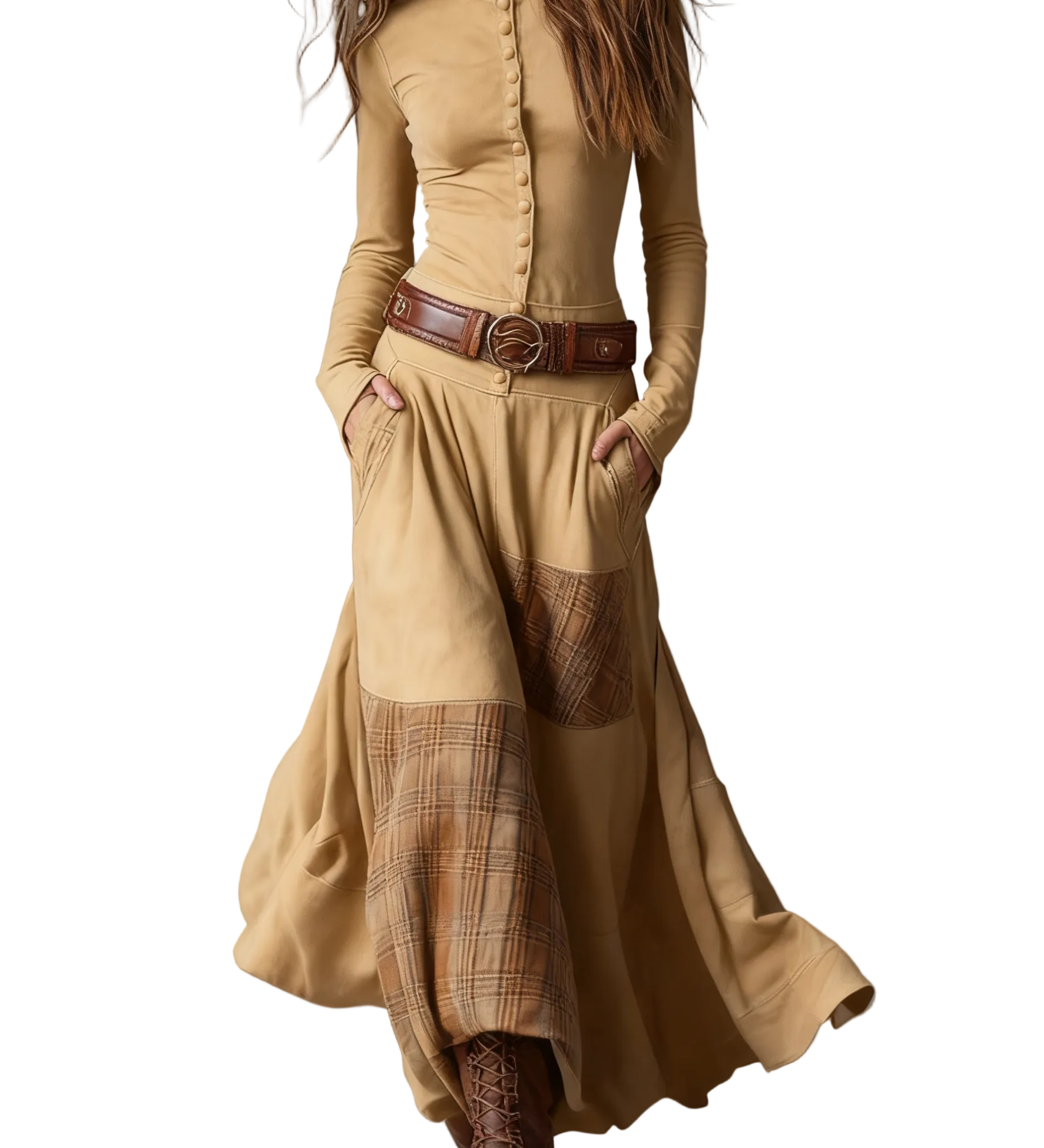 Navy Plaid Paneled Vintage Suede Maxi Dress(with belt)
