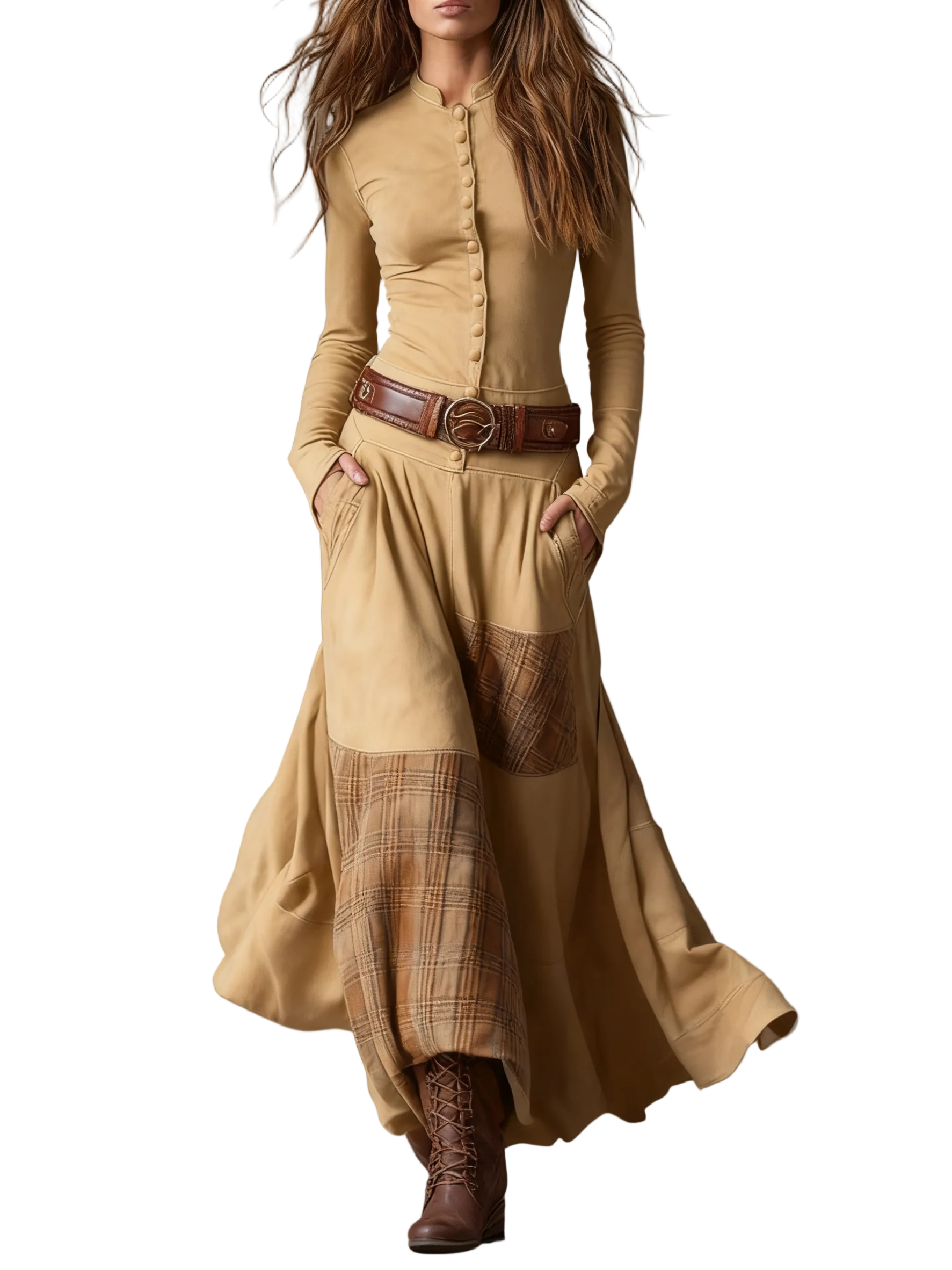 Navy Plaid Paneled Vintage Suede Maxi Dress(with belt)