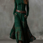 Navy Plaid Paneled Vintage Suede Maxi Dress(with belt)