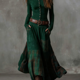 Navy Plaid Paneled Vintage Suede Maxi Dress(with belt)