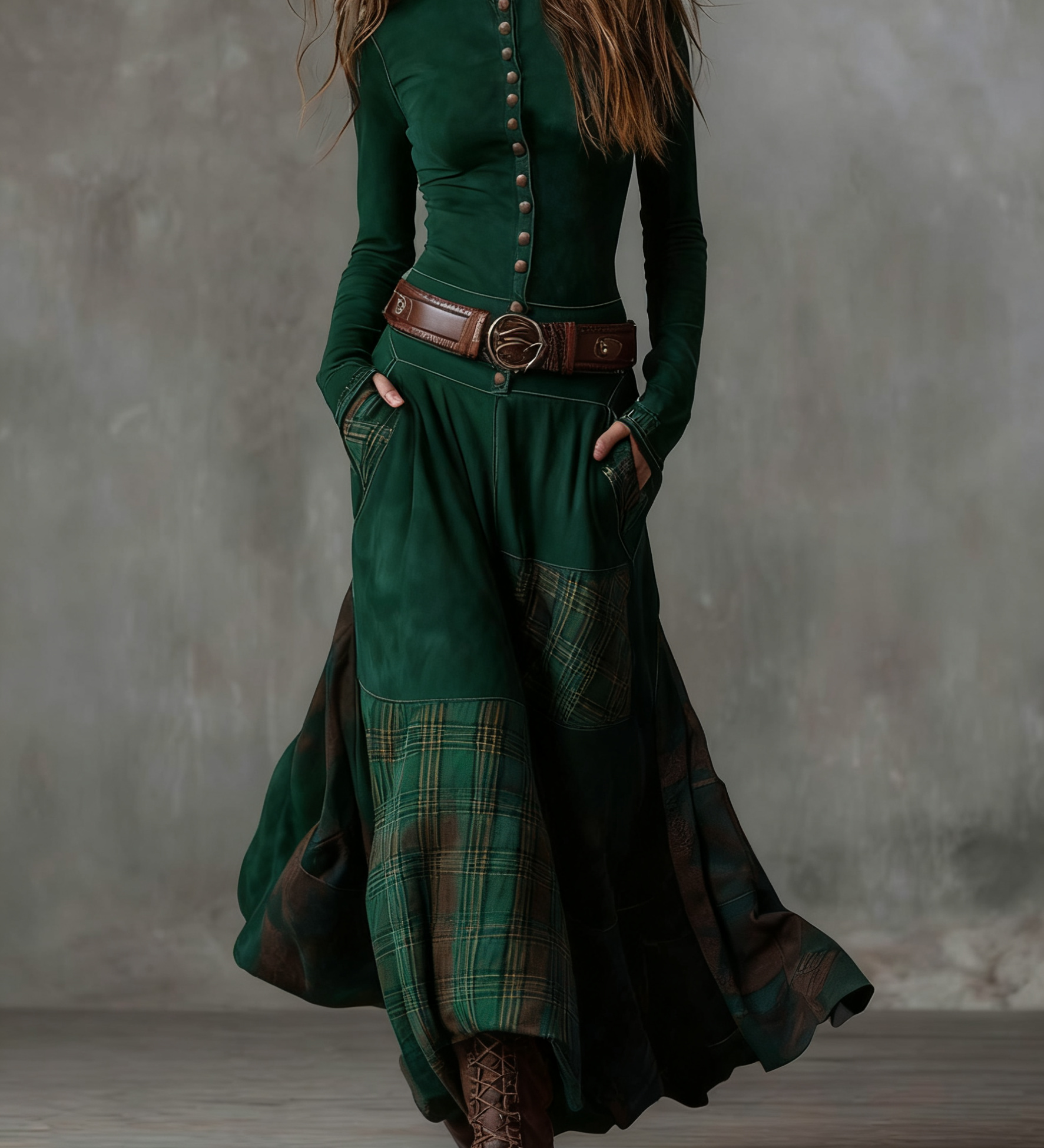 Navy Plaid Paneled Vintage Suede Maxi Dress(with belt)