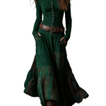 Navy Plaid Paneled Vintage Suede Maxi Dress(with belt)