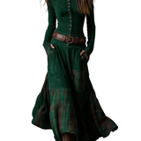 Navy Plaid Paneled Vintage Suede Maxi Dress(with belt)