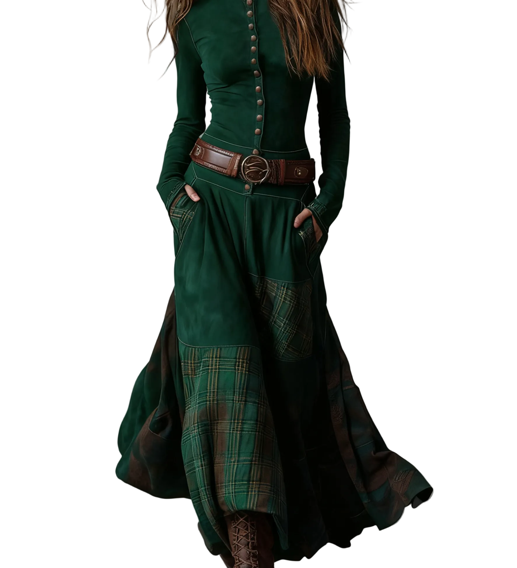 Navy Plaid Paneled Vintage Suede Maxi Dress(with belt)