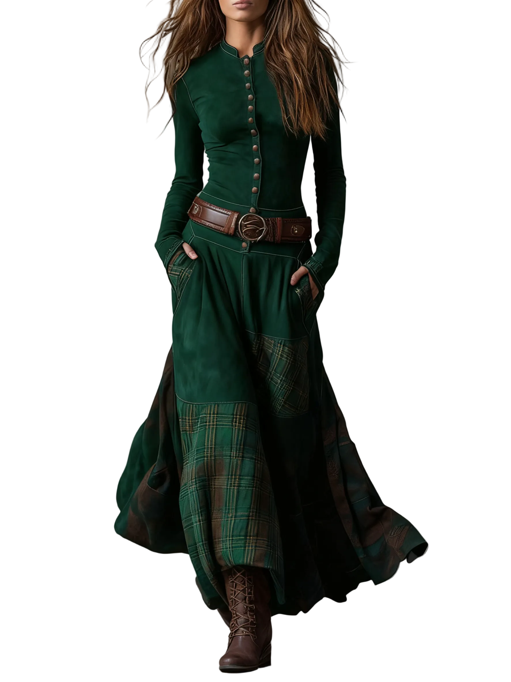 Navy Plaid Paneled Vintage Suede Maxi Dress(with belt)