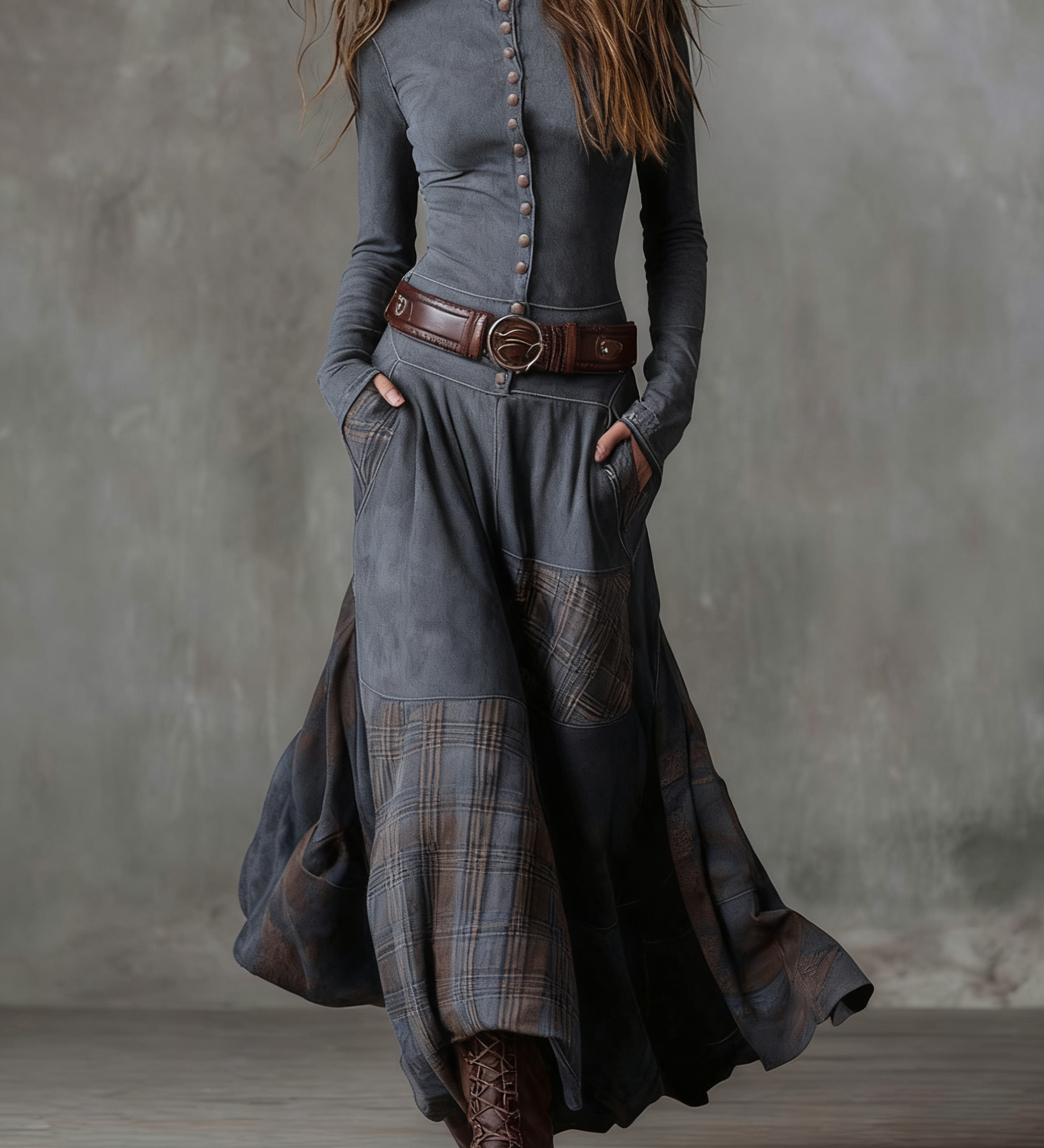 Navy Plaid Paneled Vintage Suede Maxi Dress(with belt)