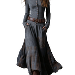 Navy Plaid Paneled Vintage Suede Maxi Dress(with belt)