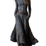 Navy Plaid Paneled Vintage Suede Maxi Dress(with belt)