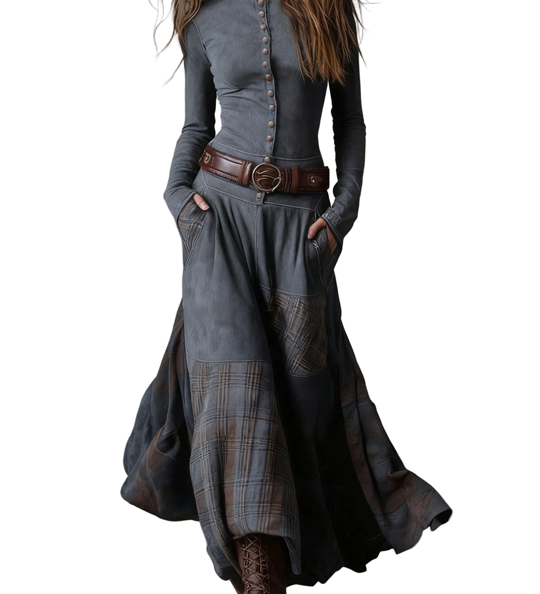 Navy Plaid Paneled Vintage Suede Maxi Dress(with belt)