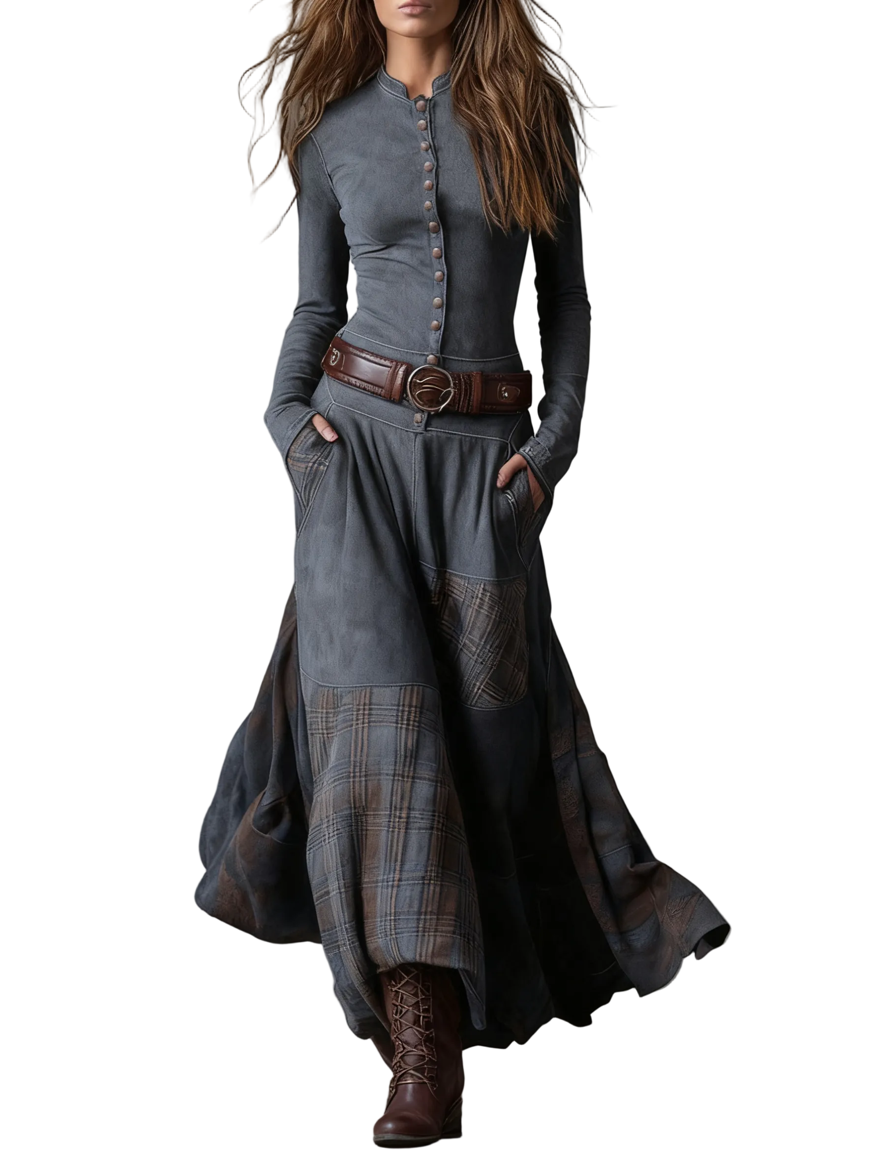 Navy Plaid Paneled Vintage Suede Maxi Dress(with belt)