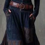 Navy Plaid Paneled Vintage Suede Maxi Dress(with belt)