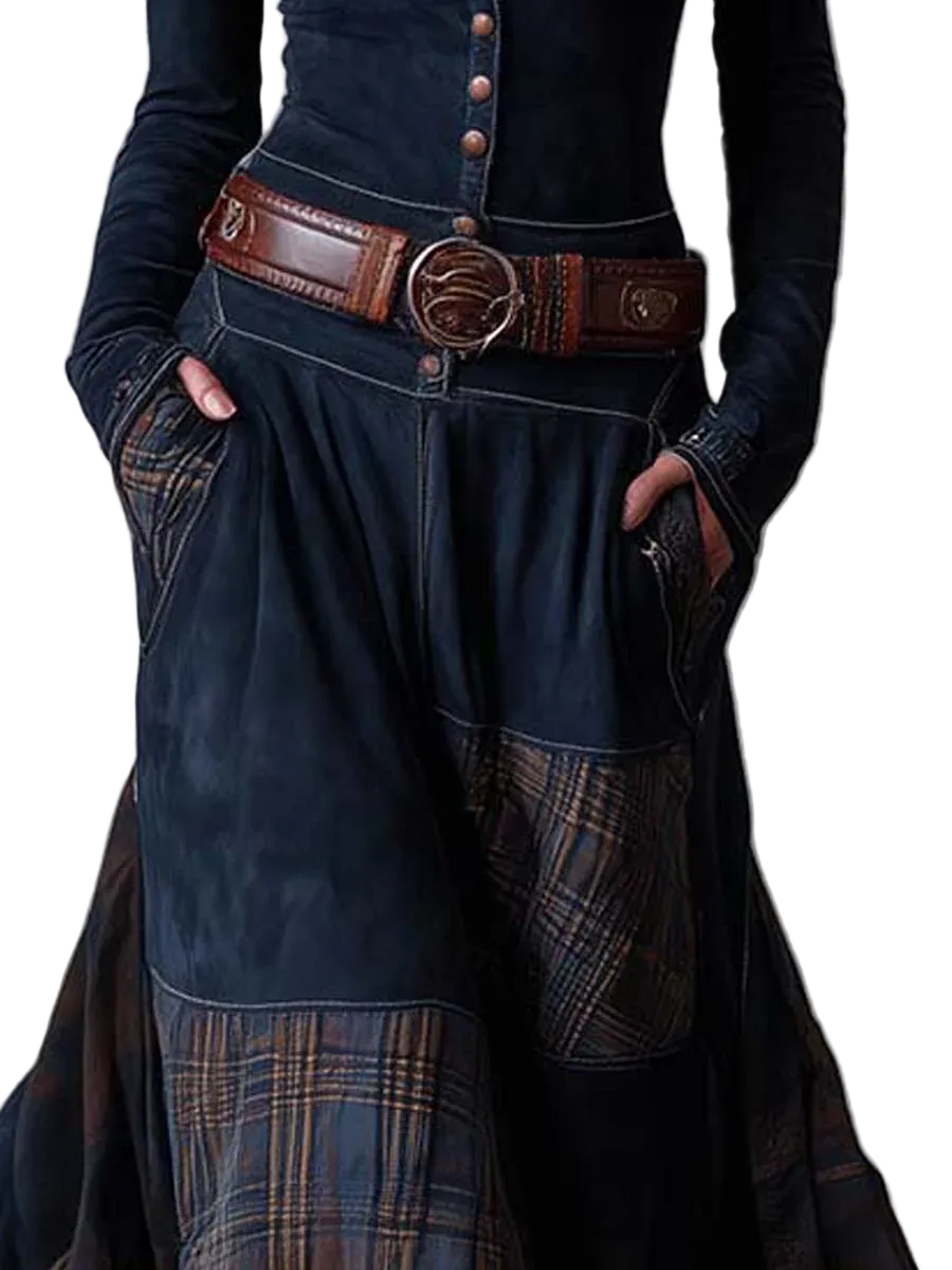 Navy Plaid Paneled Vintage Suede Maxi Dress(with belt)