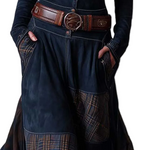 Navy Plaid Paneled Vintage Suede Maxi Dress(with belt)