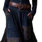 Navy Plaid Paneled Vintage Suede Maxi Dress(with belt)
