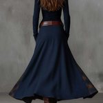 Navy Plaid Paneled Vintage Suede Maxi Dress(with belt)