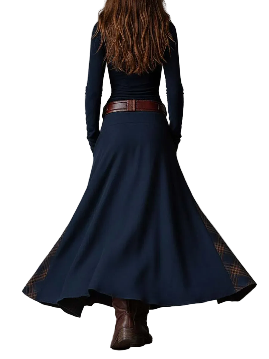 Navy Plaid Paneled Vintage Suede Maxi Dress(with belt)